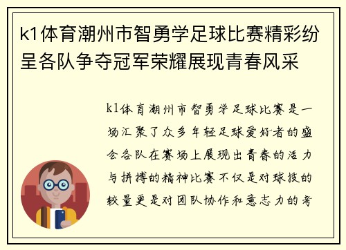 k1体育潮州市智勇学足球比赛精彩纷呈各队争夺冠军荣耀展现青春风采